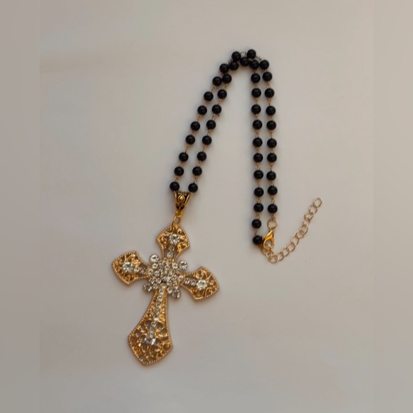 Gold Tone Gothic Statement Cross Charm Rosary Choker Necklace Choker Black Beads - Picture 9 of 12
